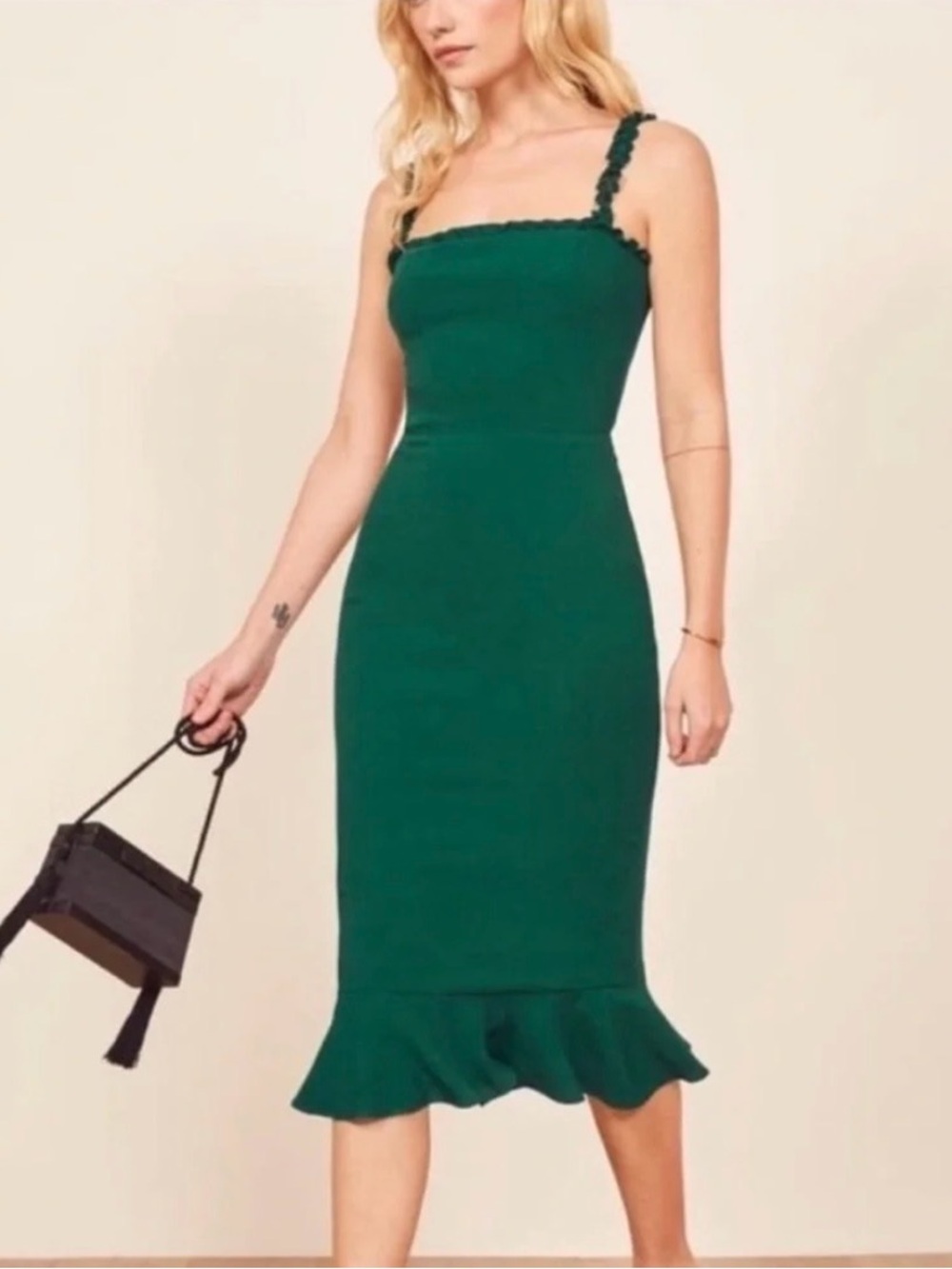 Reformation Green Ruffled-Hem Midi Dress size 0